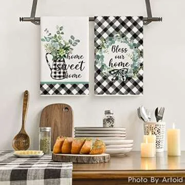 Artoid Mode Buffalo Plaid Wreath Vase Eucalyptus Home Sweet Home Kitchen Towels Dish Towels, 18x26 Inch Seasonal Spring Summer Decoration Hand Towels Set of 2