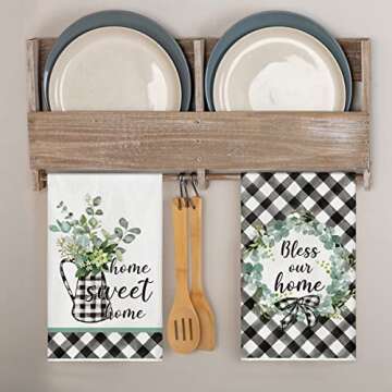 Artoid Mode Buffalo Plaid Wreath Vase Eucalyptus Home Sweet Home Kitchen Towels Dish Towels, 18x26 Inch Seasonal Spring Summer Decoration Hand Towels Set of 2