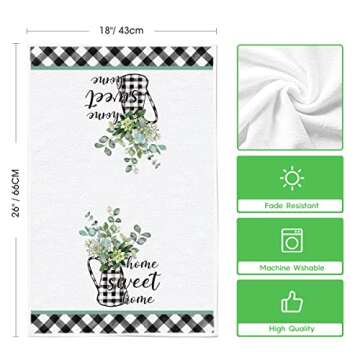 Artoid Mode Buffalo Plaid Wreath Vase Eucalyptus Home Sweet Home Kitchen Towels Dish Towels, 18x26 Inch Seasonal Spring Summer Decoration Hand Towels Set of 2