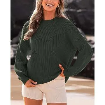BTFBM Womens Casual Long Sleeve Sweaters Crew Neck Oversized Ribbed Knit Pullover Sweater 2025 Fall Winter Jumper Tops(Solid Army Green, Medium)