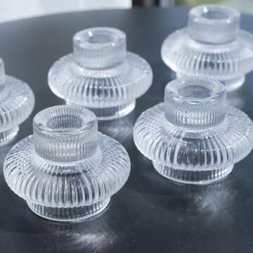 VOHO Vintage Candlestick Holders Set of 6, Dual Sided Candle Sticks Holder Decor for Taper Candles/Tea Lights Candles, Ribbed Candle Holder for Dining Table Centerpiece, Wedding/Christmas Decor(Clear)