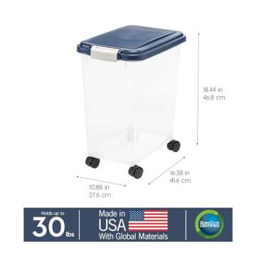 IRIS USA Airtight Dog Food Storage Container, Up to 30 lbs, Attachable Wheels, for Dog Cat Bird and other Pet Food Storage Bin, Keep Fresh, Easy Mobility, BPA Free, Navy