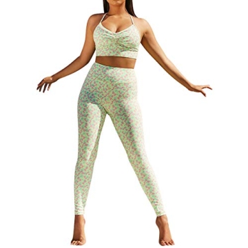 Women 2 PCS Workout Set Seamless Super Soft Deep V Neck Sports Bra+High Waist Leggings Set Yoga Outf...