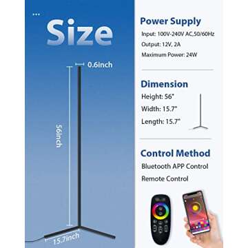 TACAHE Smart Corner Floor Lamp - Advanced Version, APP & Remote Control - Multi Lamp Pattern Sync - Transparent Lampshade with Ultra Brightness, Mood Light for Studio, Gaming Setup - 20W, Black