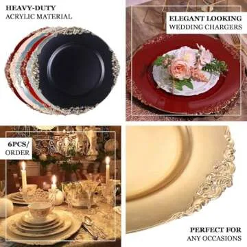 Efavormart 6 Pack Gold 13" Round Baroque Charger Plates Leaf Embossed Rim for Tabletop Decor Catering Event Decoration