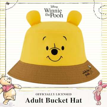 Disney Winnie The Pooh Bucket Hat, Packable Travel Hat with 3D Bear Ears, Wide Brim Summer Hat, Yellow, One Size