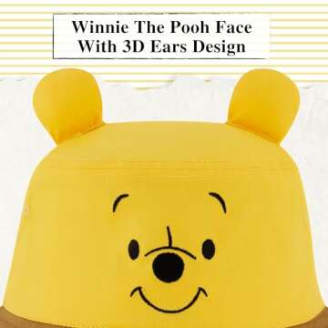 Disney Winnie The Pooh Bucket Hat, Packable Travel Hat with 3D Bear Ears, Wide Brim Summer Hat, Yellow, One Size