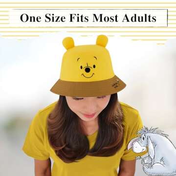 Disney Winnie The Pooh Bucket Hat, Packable Travel Hat with 3D Bear Ears, Wide Brim Summer Hat, Yellow, One Size
