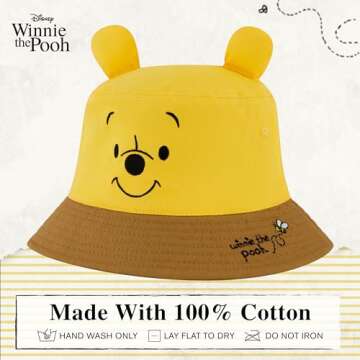 Disney Winnie The Pooh Bucket Hat, Packable Travel Hat with 3D Bear Ears, Wide Brim Summer Hat, Yellow, One Size