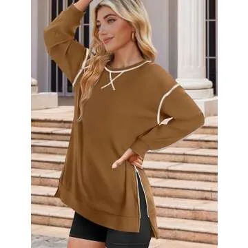Zeagoo Womens Brown Crewneck Sweatshirts Oversized Long Sleeve Trendy Tunic Hoodies Fall Loose Pullover Tops Brown S