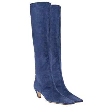 Stylish MOOMMO Women Navy Kitten Heel Over Knee High Boots - Chic & Comfy Retro Fashion