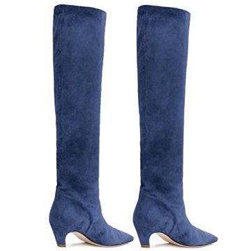 Stylish MOOMMO Navy Kitten Heel Over Knee High Boots