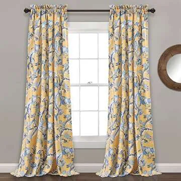 Lush Decor Dolores Light Filtering Window Panels, Pair, 52" W x 84" L, Blue - Toile Curtains - Floral Bird Print - Grandmillennial & French Country Curtains - Cottage & Maximalist Home Decor