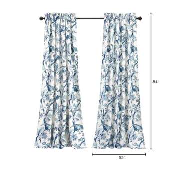 Lush Decor Dolores Light Filtering Window Panels, Pair, 52" W x 84" L, Blue - Toile Curtains - Floral Bird Print - Grandmillennial & French Country Curtains - Cottage & Maximalist Home Decor