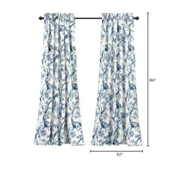 Lush Decor Dolores Light Filtering Window Panels, Pair, 52" W x 84" L, Blue - Toile Curtains - Floral Bird Print - Grandmillennial & French Country Curtains - Cottage & Maximalist Home Decor