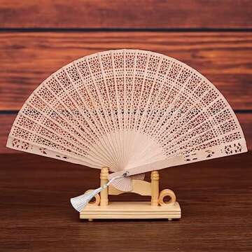 Emsiok 3-Pack Vintage Wooden Folding Fans, Sandalwood Hand Fans with Tassel for Women, Foldable Wedding Favors, Baby Showers