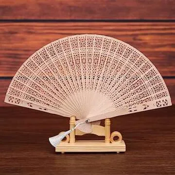 Emsiok 3-Pack Vintage Wooden Folding Fans, Sandalwood Hand Fans with Tassel for Women, Foldable Wedding Favors, Baby Showers