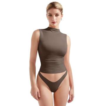 SUUKSESS Women Double Lined Going Out Trendy Crop Tops Ruched Mock Neck Casual Sleeveless Shirts (Br...