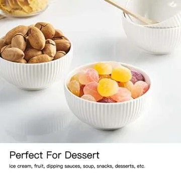 getstar Dessert Bowls, 4.5 in 10 oz Small Porcelain Bowl Set of 6, Microwave & Dishwasher Safe Ceramic Bowls for Ice Cream, Side Dishes, Snacks & Desserts, Set of 6 (White)