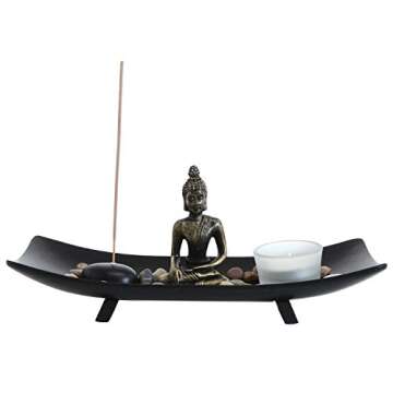 MyGift Zen Meditation Rock Garden Table Kit with Wood Tray, Buddha Statue, Rocks, Glass Tealight Candle and Incense Burner Holder