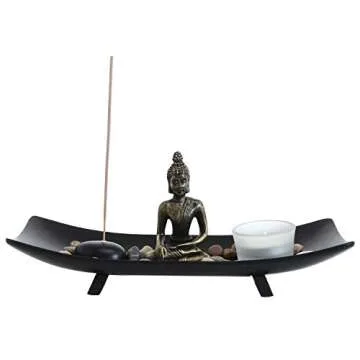 MyGift Zen Meditation Rock Garden Table Kit with Wood Tray, Buddha Statue, Rocks, Glass Tealight Candle and Incense Burner Holder