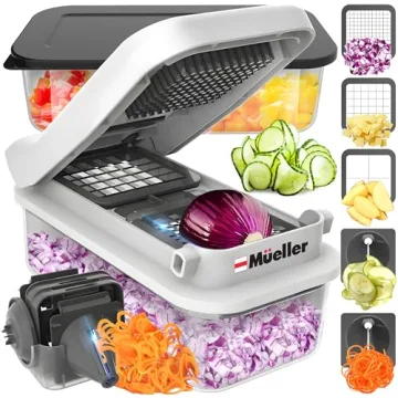 Mueller Pro-Series V Blade Vegetable Chopper, Onion Chopper, Egg Slicer, Spiralizer, Dicer, Food Chopper Veggie Fruit Cutter, French Fry Cutter, Kitchen Gadgets 2024 w Food Container White Sand/Grey