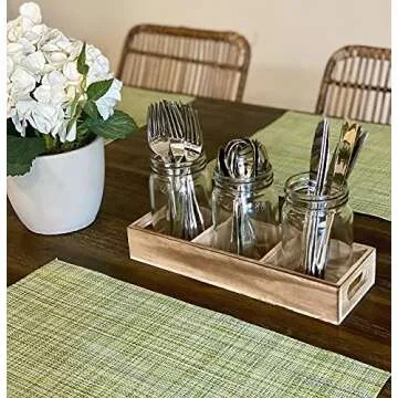 Stylish Mason Jar Glass Utensil Holder with Rustic Tray