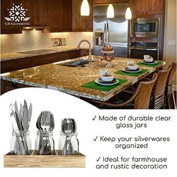 Stylish Mason Jar Glass Utensil Holder with Rustic Tray
