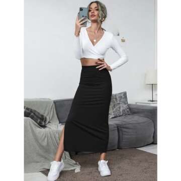 SheIn Women's High Waisted Split Thigh Rib Knit Long Maxi Bodycon Pencil Skirt Black Large