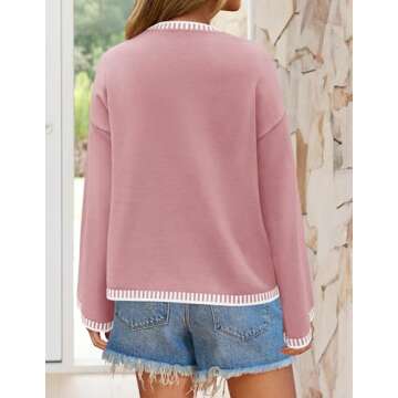 ZESICA Women's Oversized Long Sleeve Sweaters Fall Crewneck Color Block Loose Ribbed Knit Pullover Tops,Pink,Small