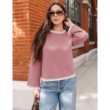 ZESICA Women's Oversized Long Sleeve Sweaters Fall Crewneck Color Block Loose Ribbed Knit Pullover Tops,Pink,Small