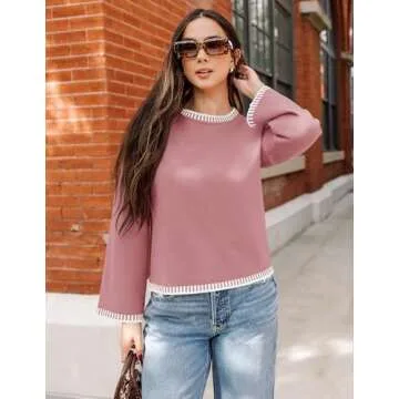 ZESICA Women's Oversized Long Sleeve Sweaters Fall Crewneck Color Block Loose Ribbed Knit Pullover Tops,Pink,Small