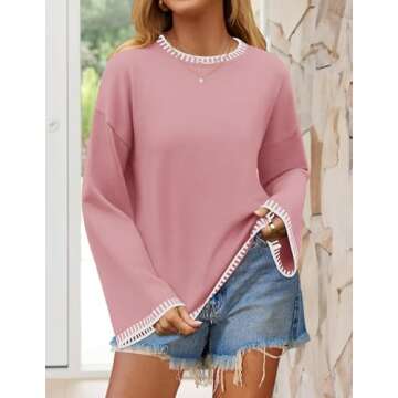 ZESICA Women's Oversized Long Sleeve Sweaters Fall Crewneck Color Block Loose Ribbed Knit Pullover Tops,Pink,Small