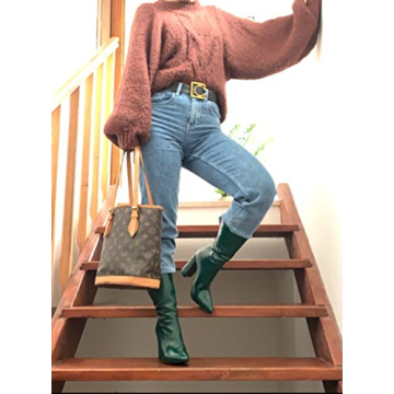 LISHAN Women's Crocodile Skin Colored Mid-calf Chunky Heel Gogo Snakeskin Pointed-toe Boots Fashion Daily Wearing Party Costume Shoes 4in High Heels Emerald Green Size 12