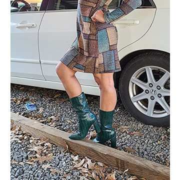 LISHAN Women's Crocodile Skin Colored Mid-calf Chunky Heel Gogo Snakeskin Pointed-toe Boots Fashion Daily Wearing Party Costume Shoes 4in High Heels Emerald Green Size 12