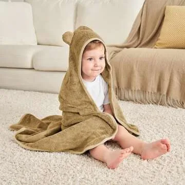 Munich Blue Toddler Bath Towel for Boys & Girls - Soft Baby Bath Towels with Cute Bear Ears - Cozy Baby Towels, Toddler Towels for Newborn, Infant & Toddler - 600 GSM, 35x35 inch (Brown Sugar)
