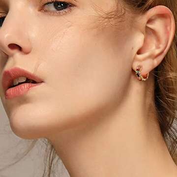 Dvacaman Small 14K Gold Plated Huggie Hoop Earrings for Women - Lightweight Colorful Gold Hoop Earrings for Women Hypoallergenic Jewelry (Tiny Color Hoop)
