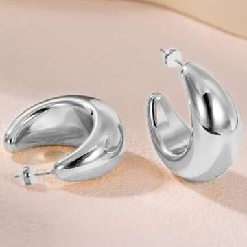 PABBEU WaterDrop Earring Dupes-Sterling Silver Hoop Earrings S925 Hypoallergenic Lightweight Silver Thick Hoop Earrings Open Big Chunky Hoop Earrings Jewelry for Women