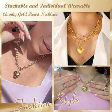 PEALICIOUS Chunky Heart Necklace, 14k Gold Heart Toggle Necklaces for Women Choker Necklaces, Gold Statement Necklaces with Thick Chain, Heart Charm Necklace Collars Pendant as Birthday Gift