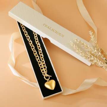 PEALICIOUS Chunky Heart Necklace, 14k Gold Heart Toggle Necklaces for Women Choker Necklaces, Gold Statement Necklaces with Thick Chain, Heart Charm Necklace Collars Pendant as Birthday Gift