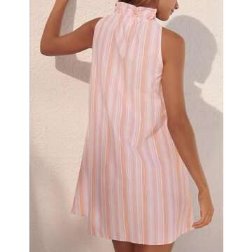 Vimida Women's Casual Mini Dress Frills Ruffles A-Line Skirt Striped Print V Neck Sleeveless Dresses Pockets(Lightpink-L)