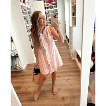 Vimida Women's Casual Mini Dress Frills Ruffles A-Line Skirt Striped Print V Neck Sleeveless Dresses Pockets(Lightpink-L)