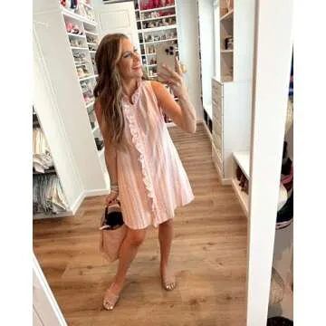 Vimida Women's Casual Mini Dress Frills Ruffles A-Line Skirt Striped Print V Neck Sleeveless Dresses Pockets(Lightpink-L)