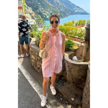 Vimida Women's Casual Mini Dress Frills Ruffles A-Line Skirt Striped Print V Neck Sleeveless Dresses Pockets(Lightpink-L)