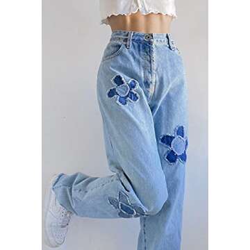 Women's Y2K Fashion Wide Leg High Waist Denim Pants Boyfriend Jeans Loose Fit Baggy Jeans for Teen Girls Flower Embroidery Blue