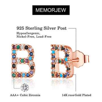 Memorjew Earrings for Women, 925 Sterling Silver Post Rose Gold Plated Letter B Initial stud Earrings Cubic Zirconia Hypoallergenic Earrings for Women Jewelry Gifts for Women