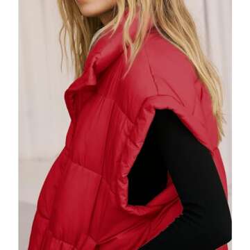 Songling Womens Oversized Puffer Vest Stand Collar Full Zip Sleeveless Bubble Puffer Vest Quilted Padded Warm Coat Outwear (Red,M)