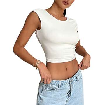 SOFIA'S CHOICE Women's Sexy Backless Tie Back Crop Top Round Neck Sleeveless Tank Top White Small