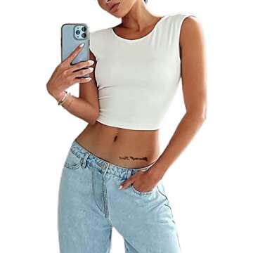 SOFIA'S CHOICE Women's Sexy Backless Tie Back Crop Top Round Neck Sleeveless Tank Top White Small