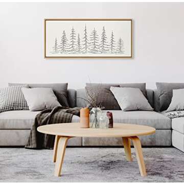 Kate and Laurel Sylvie Minimalist Evergreen Trees Sketch Framed Linen Textured Canvas Wall Art by The Creative Bunch Studio, 18x40 Natural, Decorative Panel Art